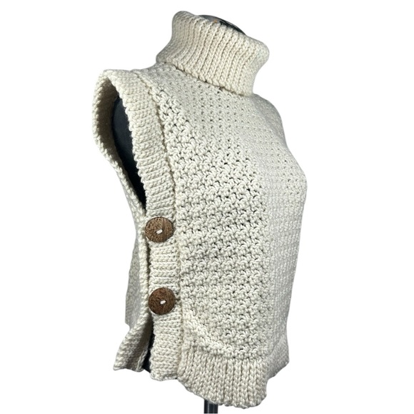 Hand Crocheted Turtleneck Sweater Vest Women's S/M Ivory Pullover Button Side - Picture 5 of 10